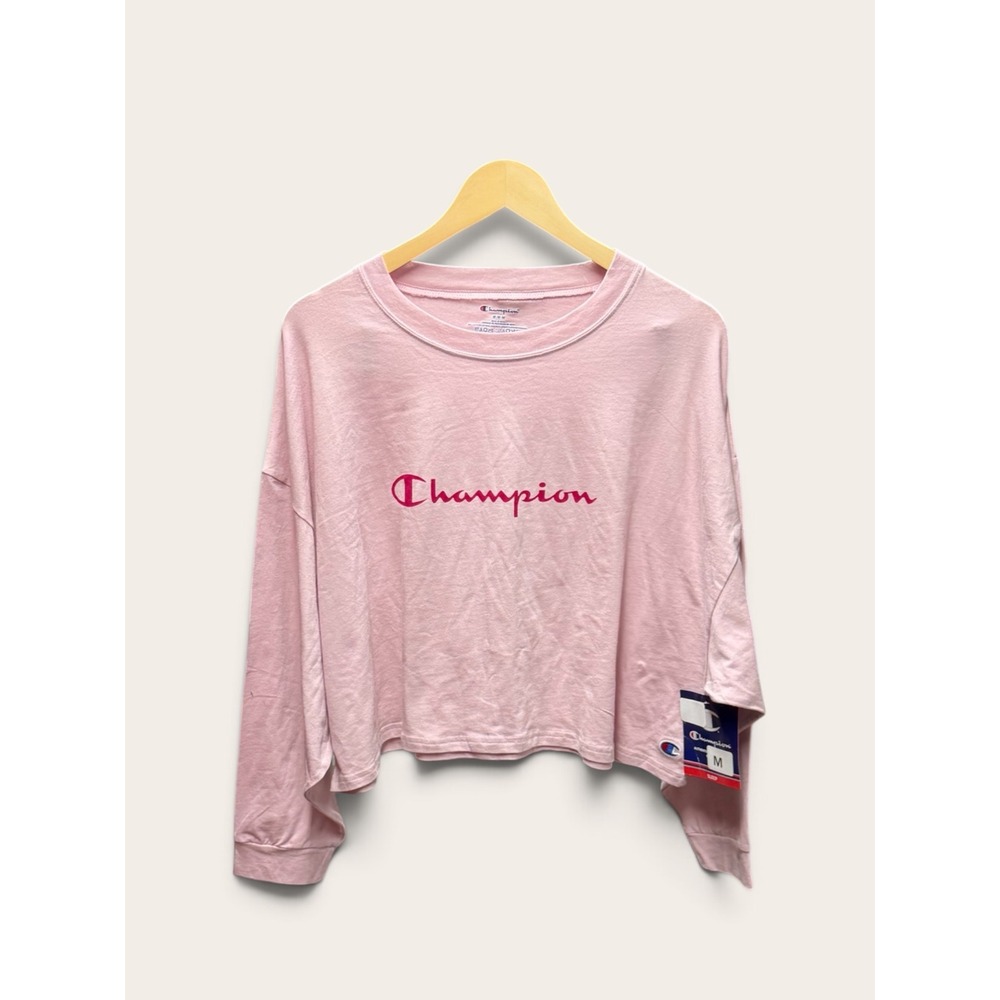 Champion Womens Light Pink Script Logo Crop Long Sleeve Top CSLCPT M